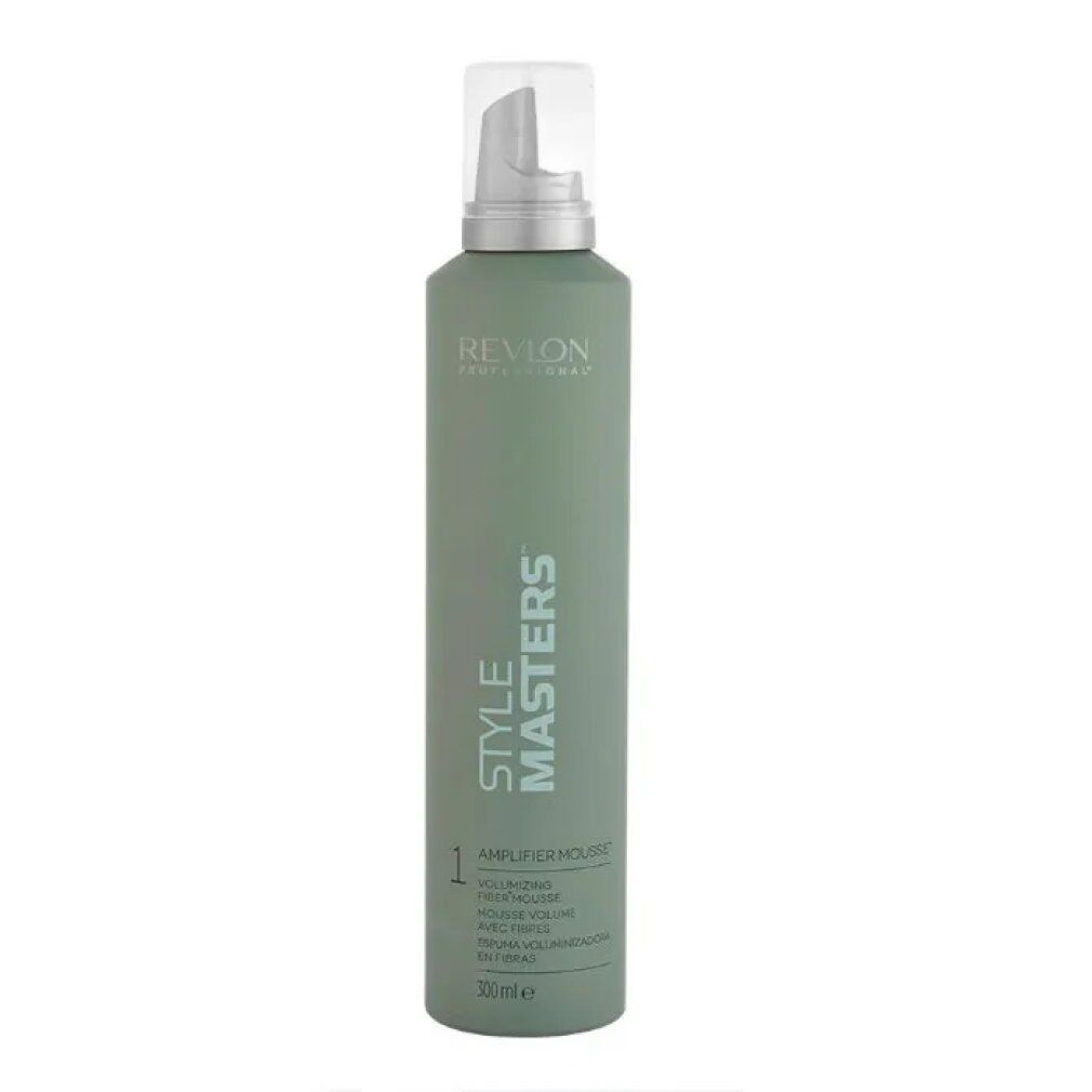 Flacone verde con erogatore. Scritte: Revlon Professional, Style Masters, Amplifier Mousse. Volume: 300ml.