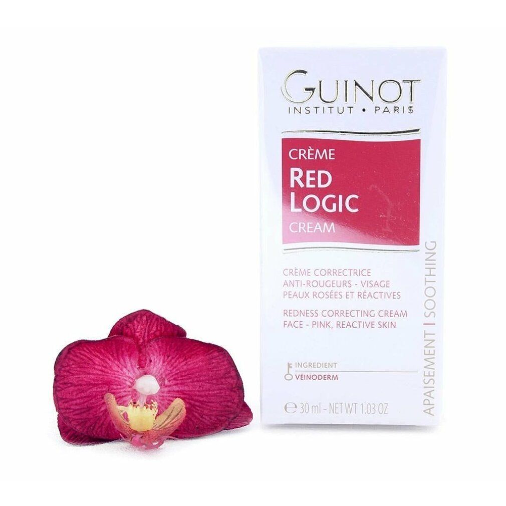 Tubo bianco con rettangolo rosso e testo "Guinot Crème Red Logic Cream". Orchidea rossa accanto. Testo in inglese e francese.