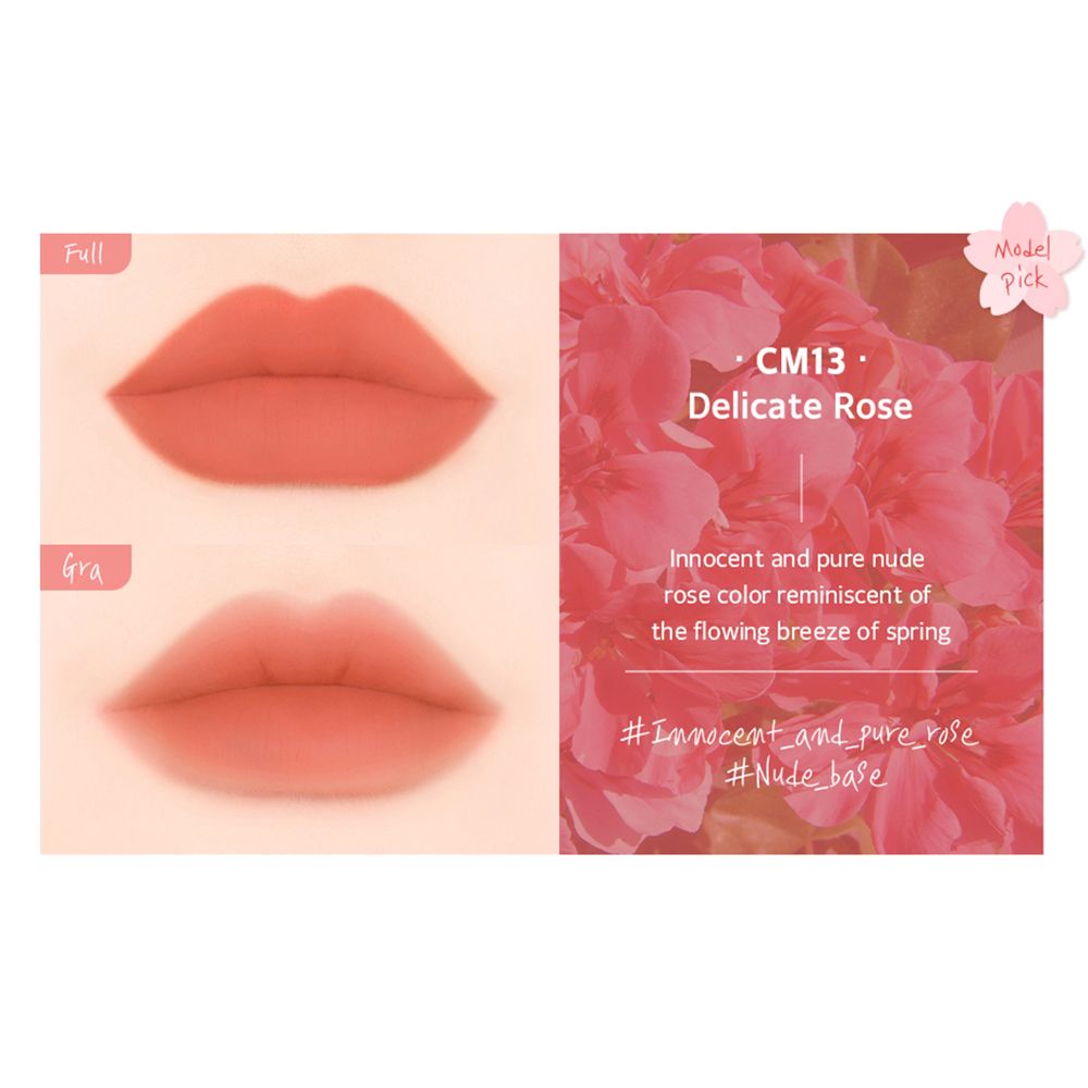 Labbra in due tonalità, CM13 Delicate Rose. Testo: Colore rosa nudo puro e innocente che ricorda la brezza primaverile.