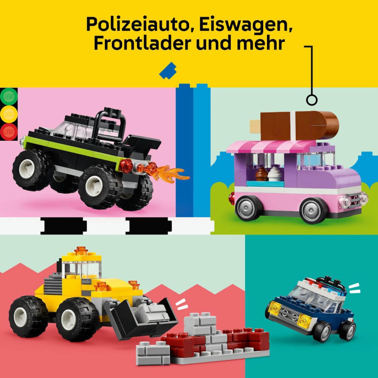 Vari modelli di auto LEGO. Include un'auto della polizia, un camioncino dei gelati e un caricatore frontale. Diversi colori e forme.
