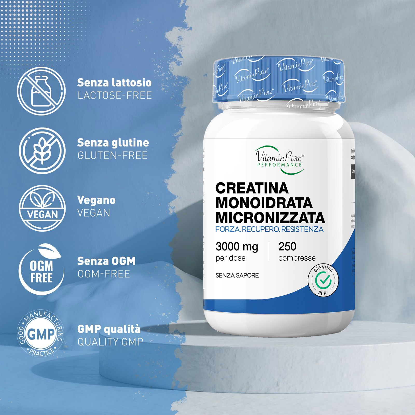 VitaminPure® Creatina Monoidrata Micronizzata Pura Per Forza, Recupero e Resistenza