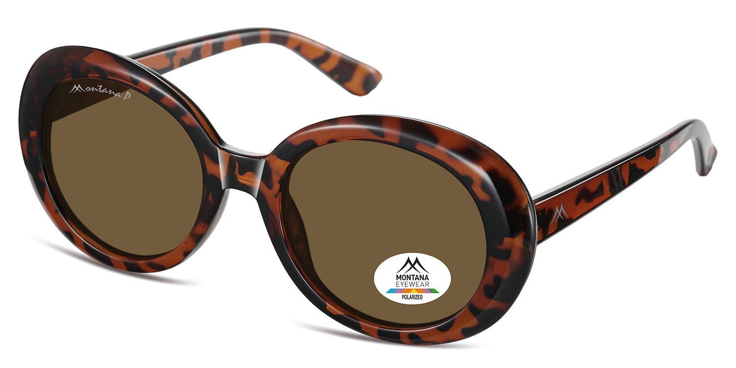 Occhiali da sole marroni con montatura marrone fantasia. Logo Montana Eyewear ed etichetta Polarized.