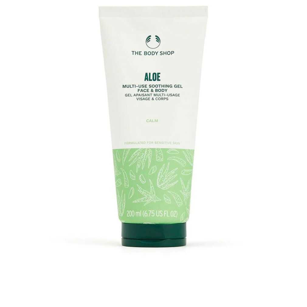 Tubo bianco e verde con gel di aloe. Testo: Aloe Multi-Use Soothing Gel Face & Body. Marchio: The Body Shop. Tappo verde. 200 ml.