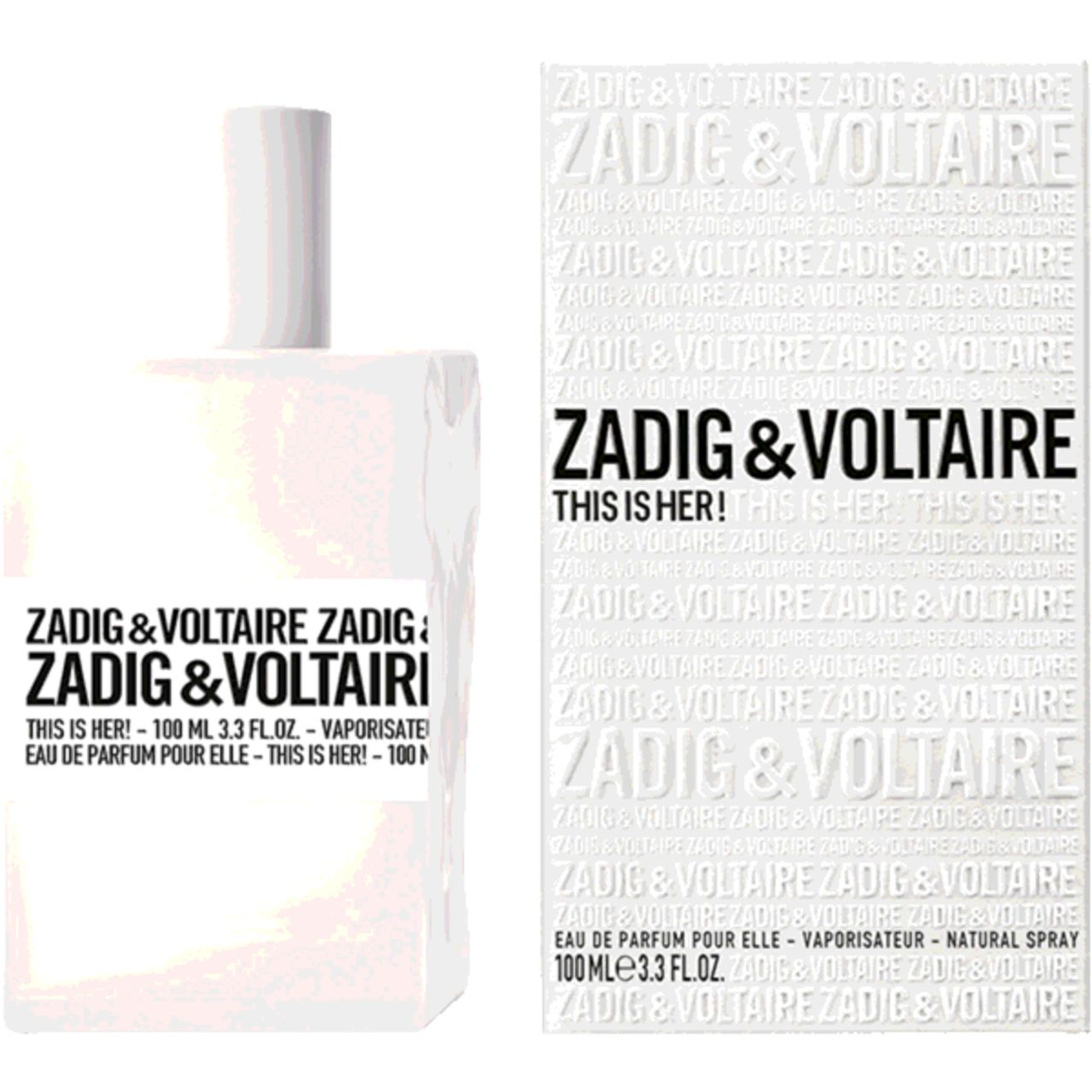 Flacone e confezione bianchi con testo nero. Scritta: ZADIG & VOLTAIRE THIS IS HER! Eau de Parfum.