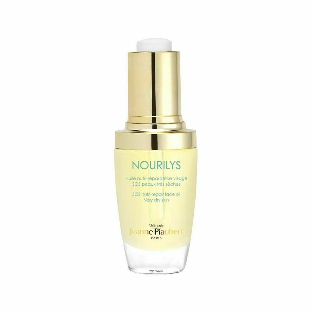 Flacone con contagocce dorato, contenente olio viso giallo pallido.