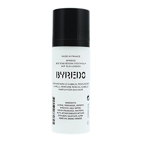Flacone bianco con tappo nero. L'etichetta riporta "BYREDO". Testo in più lingue, tra cui "PERFUME PARA O CABELO".