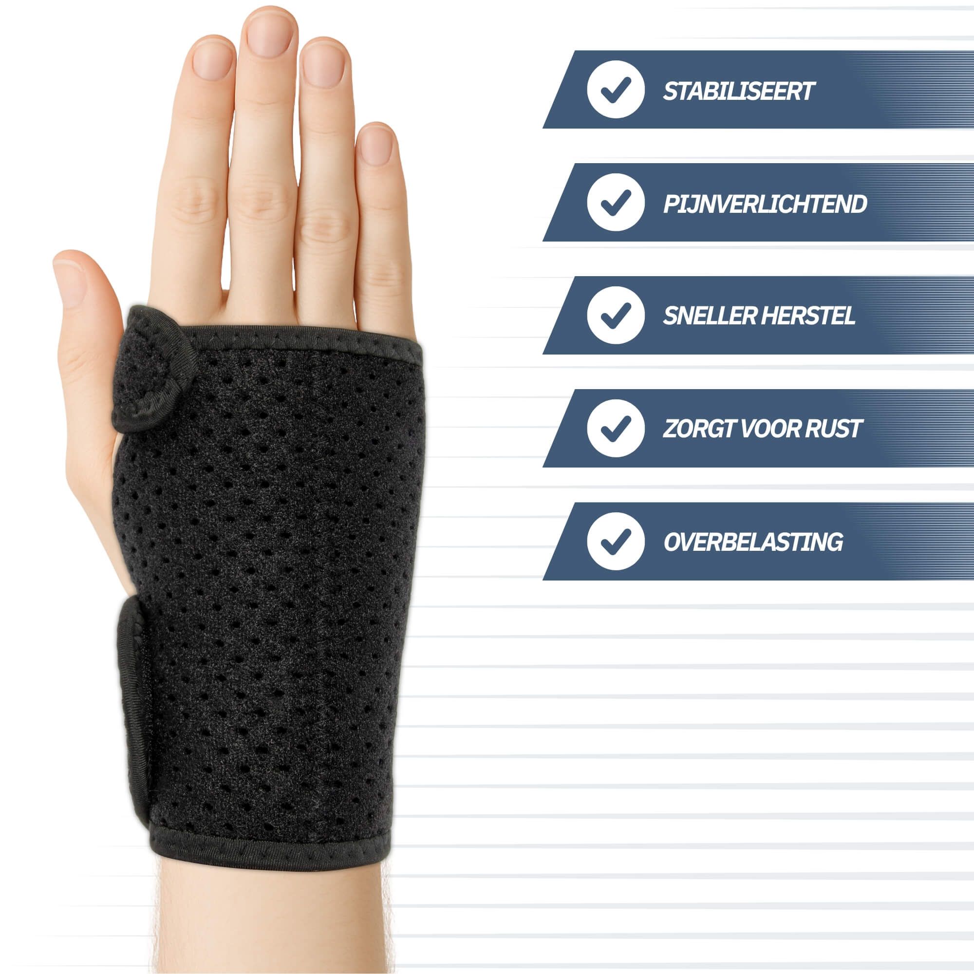 Tutore per polso nero con chiusura in velcro, indossato su un braccio.