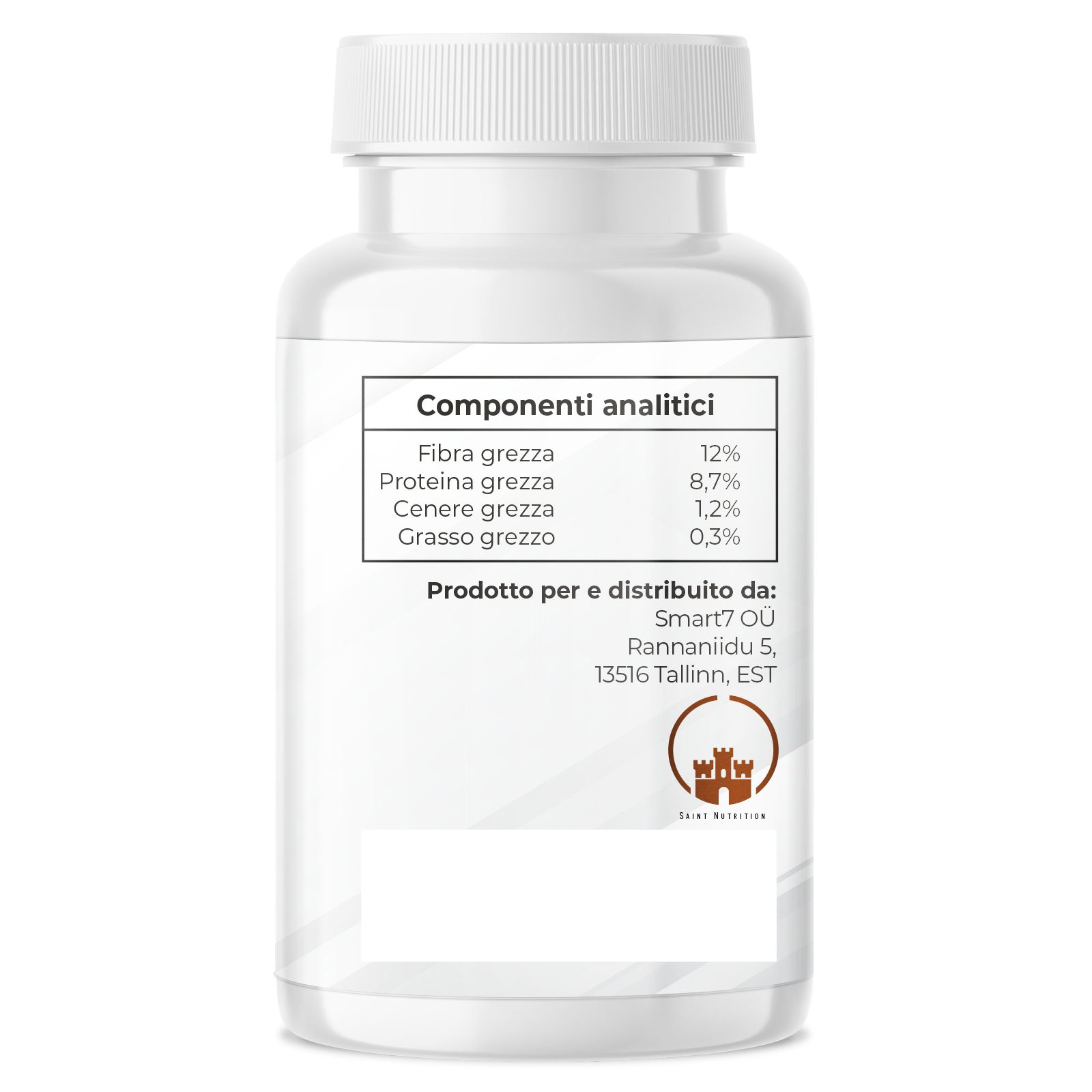 Retro del flacone. Testo: Componenti analitici, fibra, proteine, ceneri, grassi. Prodotto per Smart7 OÜ.