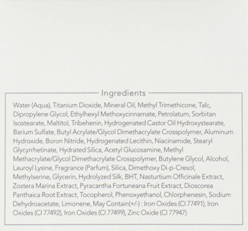 Elenco ingredienti su sfondo bianco. Contiene acqua, biossido di titanio, olio minerale e altri composti chimici.