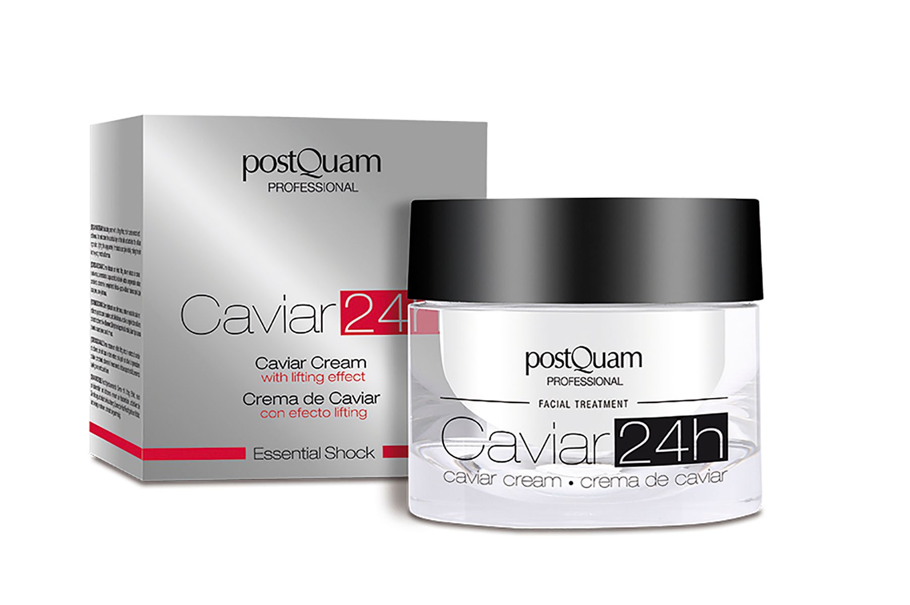 Vaso di crema con coperchio nero e confezione. Scritta: Caviar 24h, Caviar Cream, Postquam Professional.