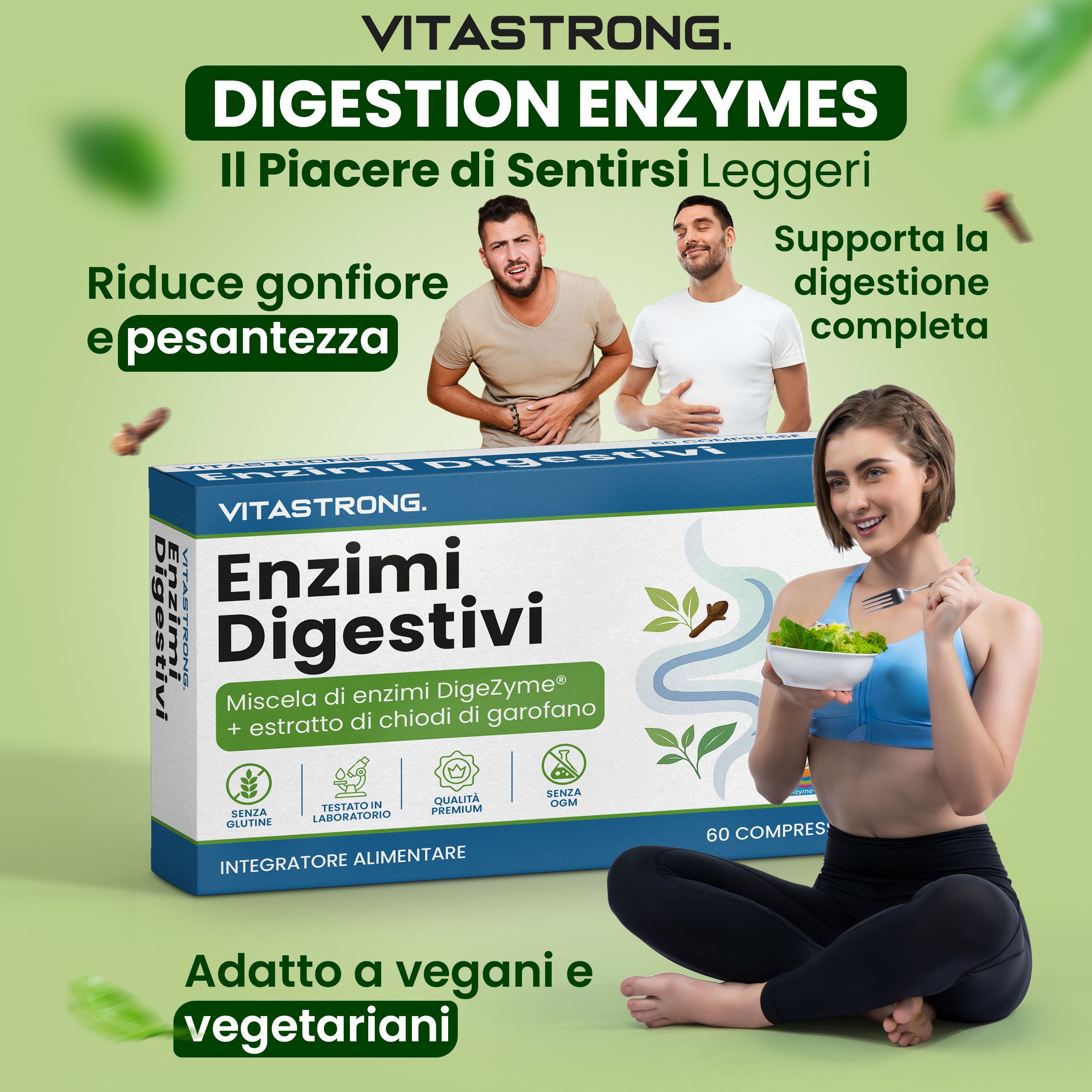 Confezione del prodotto con persone. Testo: Digestion Enzymes. Contiene 60 compresse. Adatto ai vegani.