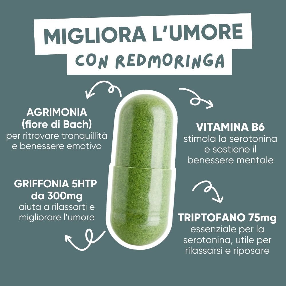 Capsula verde. Testo: Migliora l'umore con RedMoringa. Ingredienti: Agrimonia, Griffonia, Triptofano.
