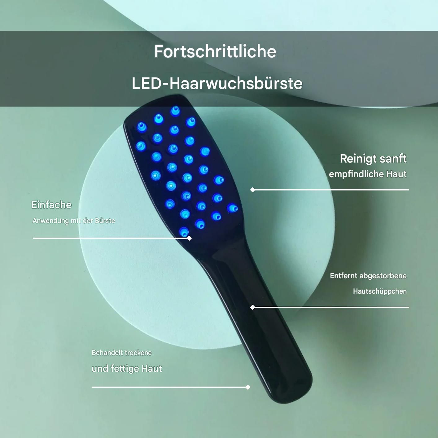 Spazzola per capelli nera con LED blu su un cerchio azzurro. Testo in italiano descrive la funzione.
