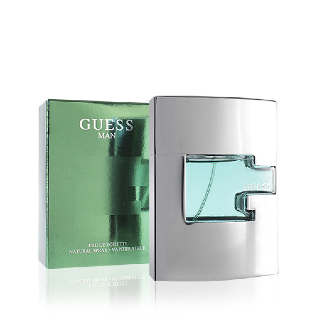 Guess Man Eau de Toilette Spray, flacone e confezione. Flacone argentato con liquido bluastro, accanto alla confezione verde.