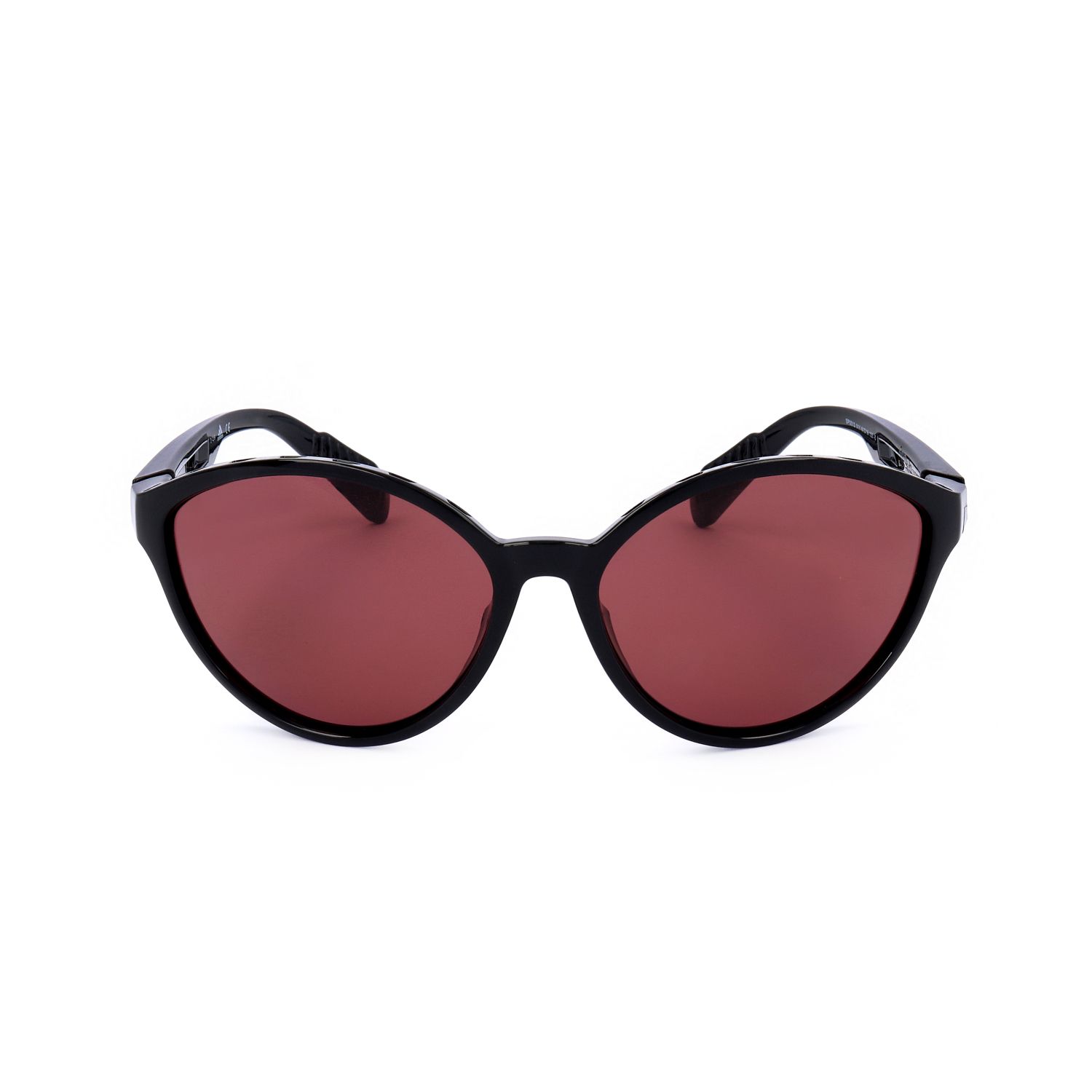 Occhiali da sole neri con lenti rosse, forma a occhio di gatto.