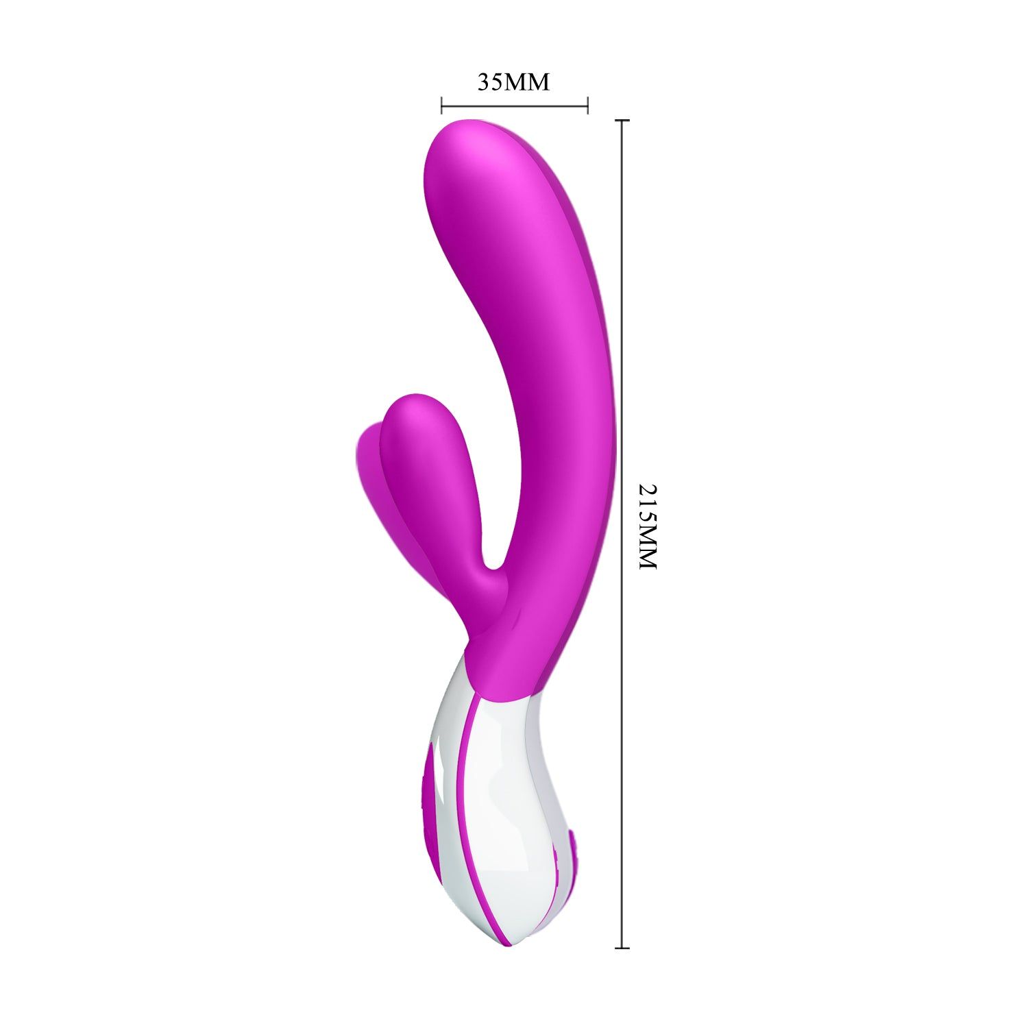 Vibratore viola con impugnatura bianca. Dimensioni: 215mm x 35mm. Vista verticale.