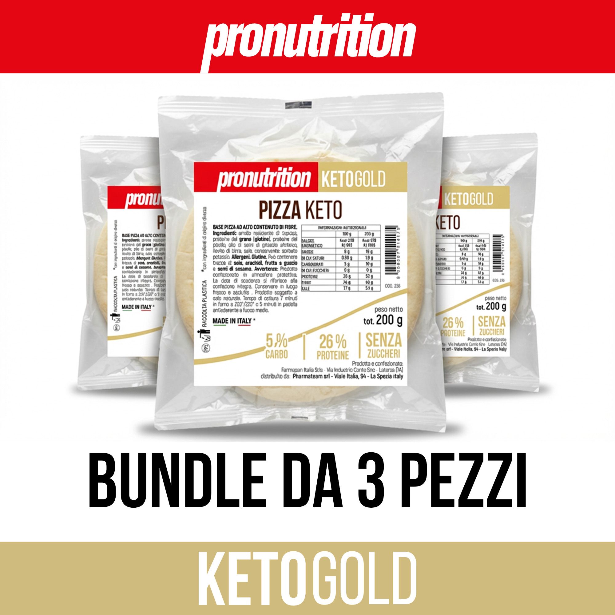 Tre basi per pizza Keto confezionate. Scritta: Pizza Keto, KetoGold, 5% carboidrati, 26% proteine, senza zucchero. Marchio: Pronutrition.