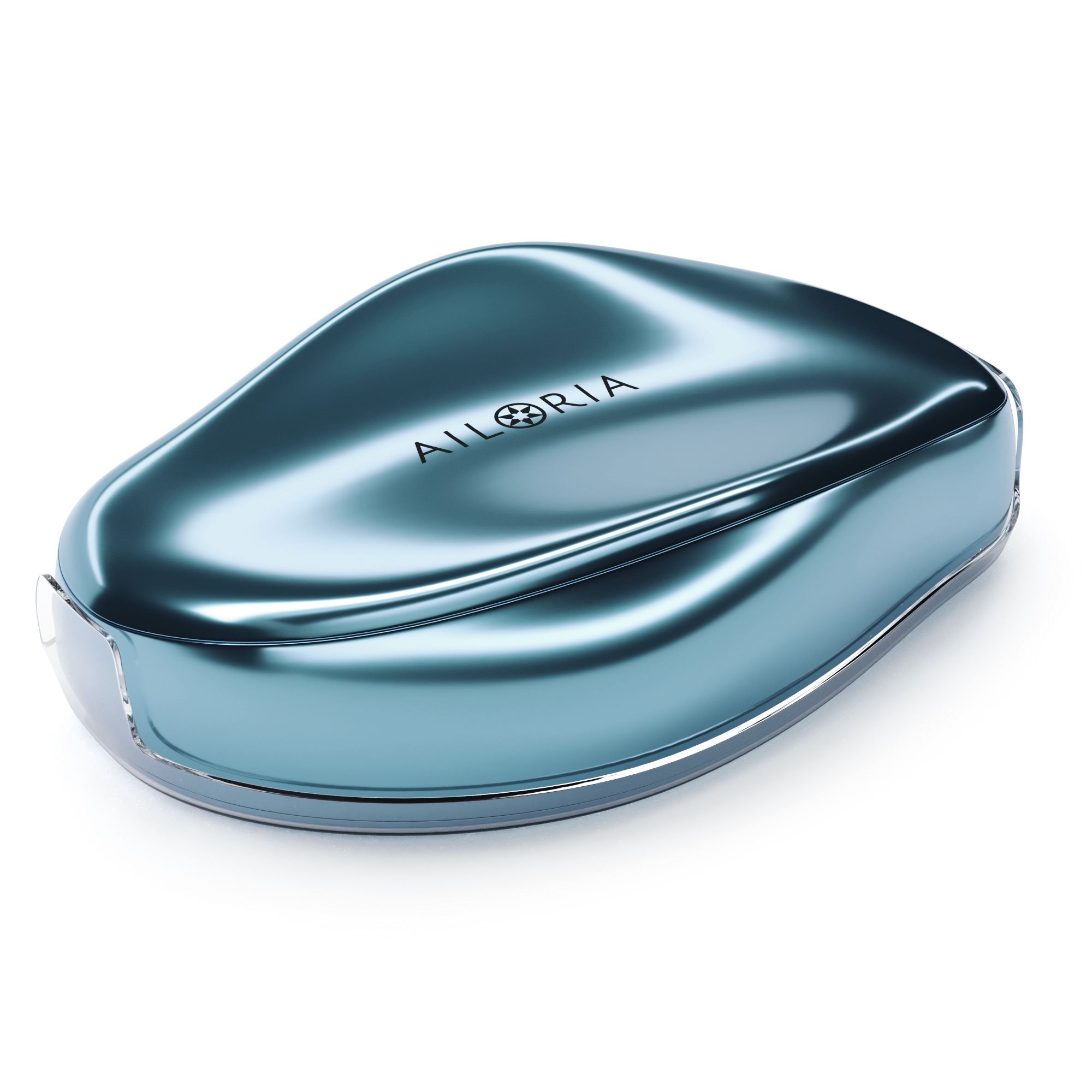 Epilatore blu in nano-vetro in una custodia trasparente. Il marchio AILORIA è visibile sul dispositivo.