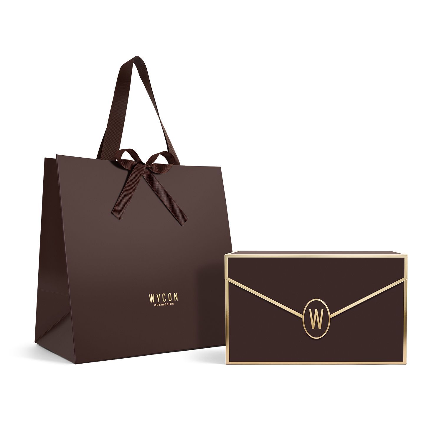 Borsa della spesa marrone e scatola. Borsa con logo e fiocco. Scatola con dettagli dorati e "W".