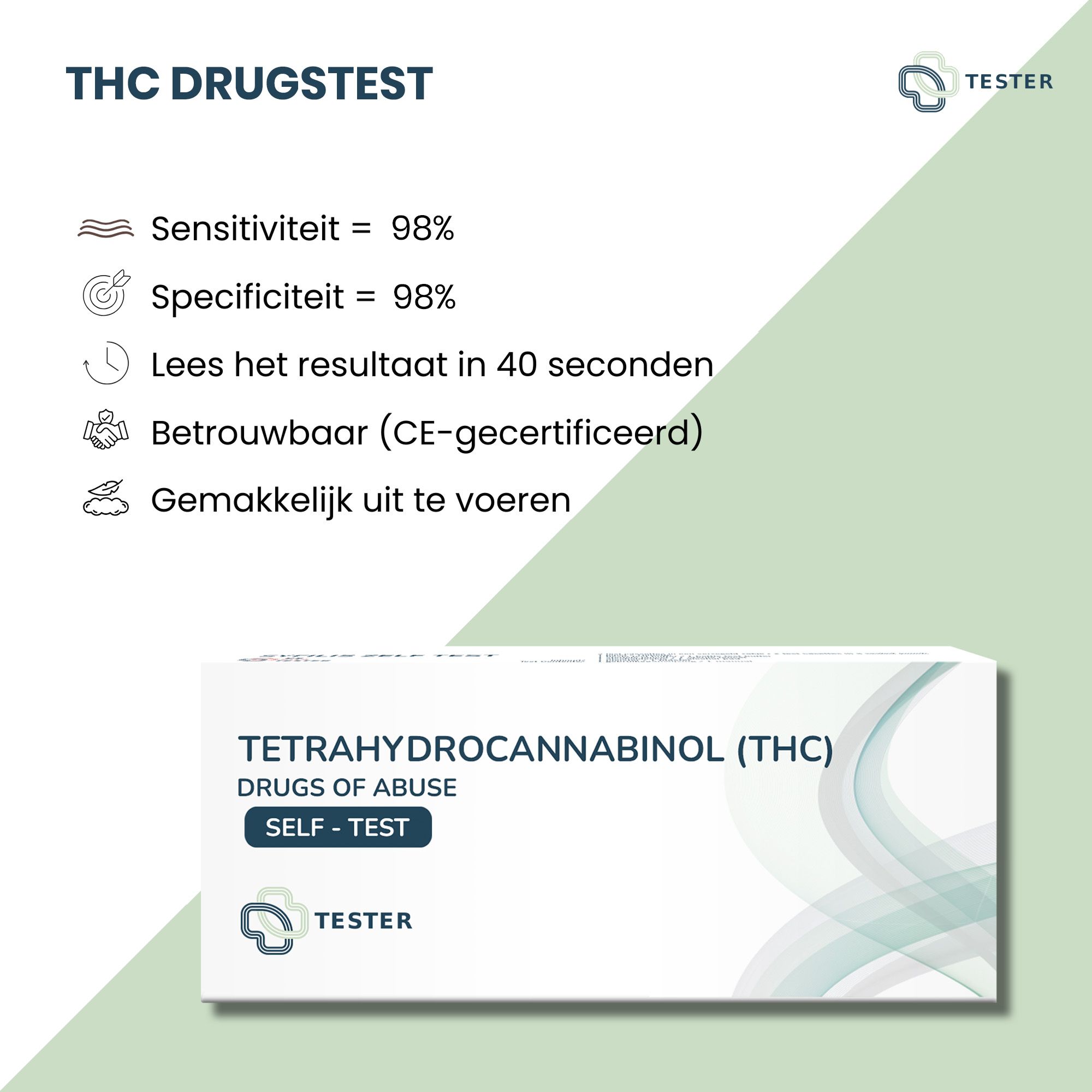 Confezione prodotto con testo "Tetrahydrocannabinol (THC)". Testo: Sensibilità 98%, Specificità 98%.