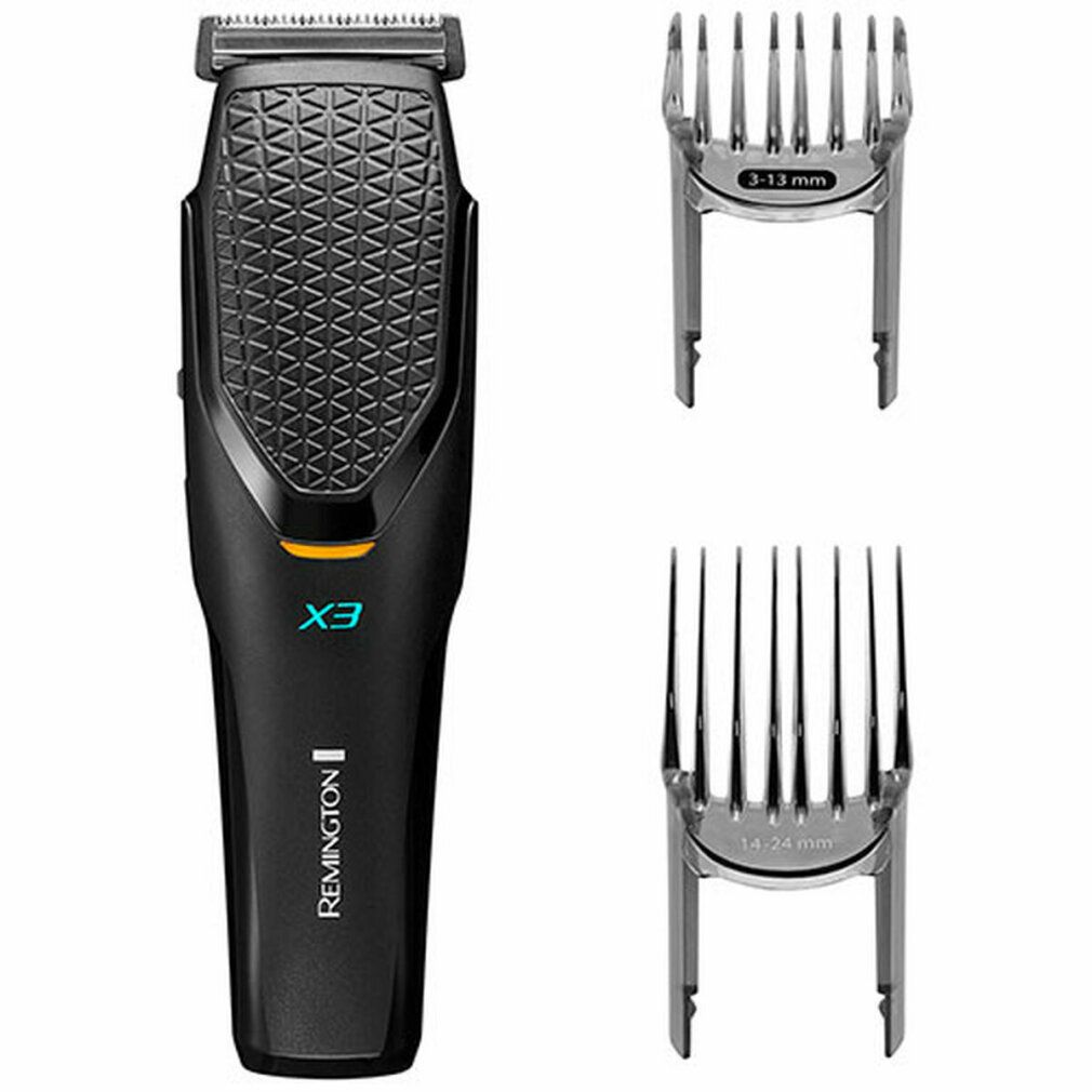 Tagliacapelli nero con logo X3 e scritta Remington. Due pettini. Pettini con indicazioni delle misure.