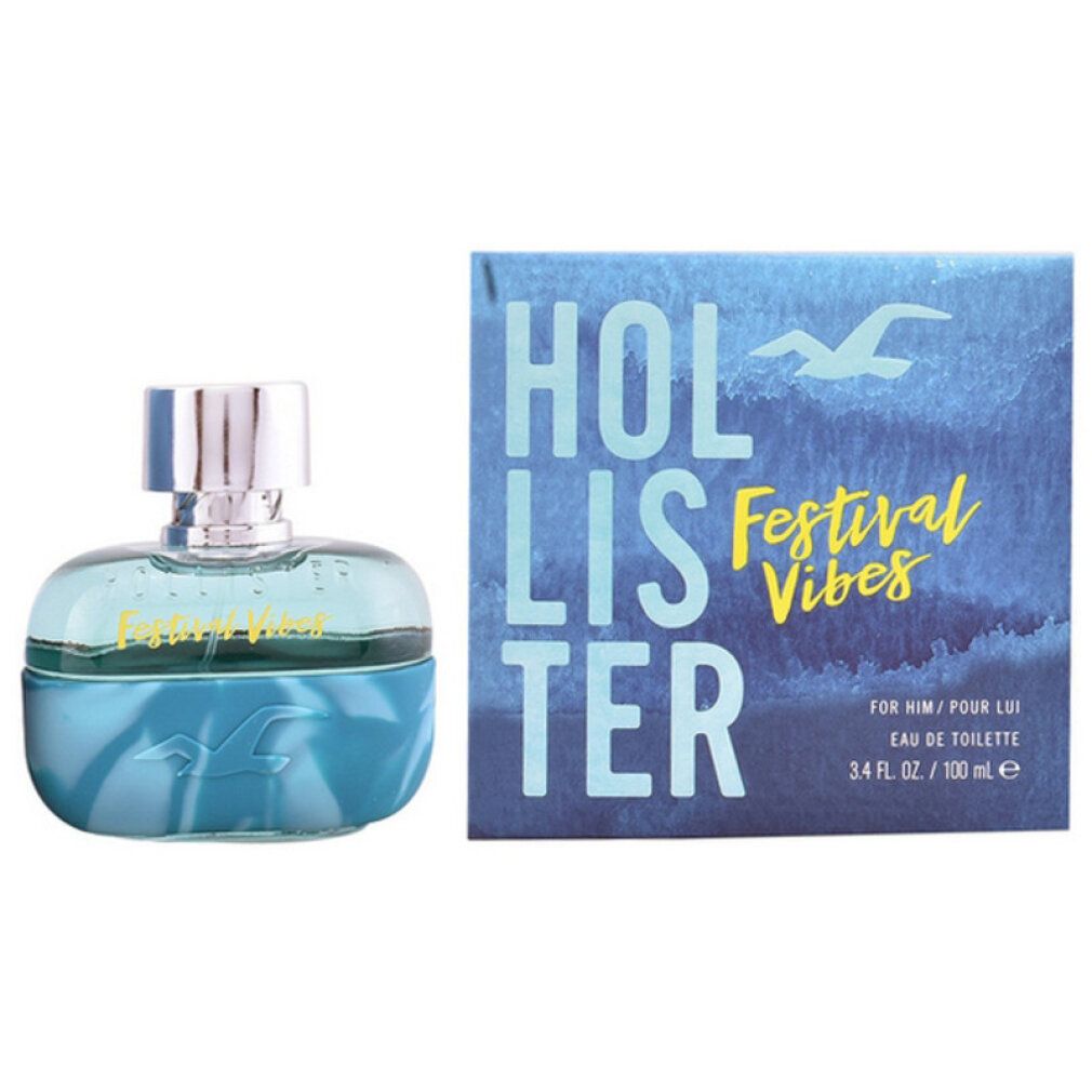 Flacone e scatola di eau de toilette. Flacone turchese con tappo argentato. Scritta: Hollister Festival Vibes.