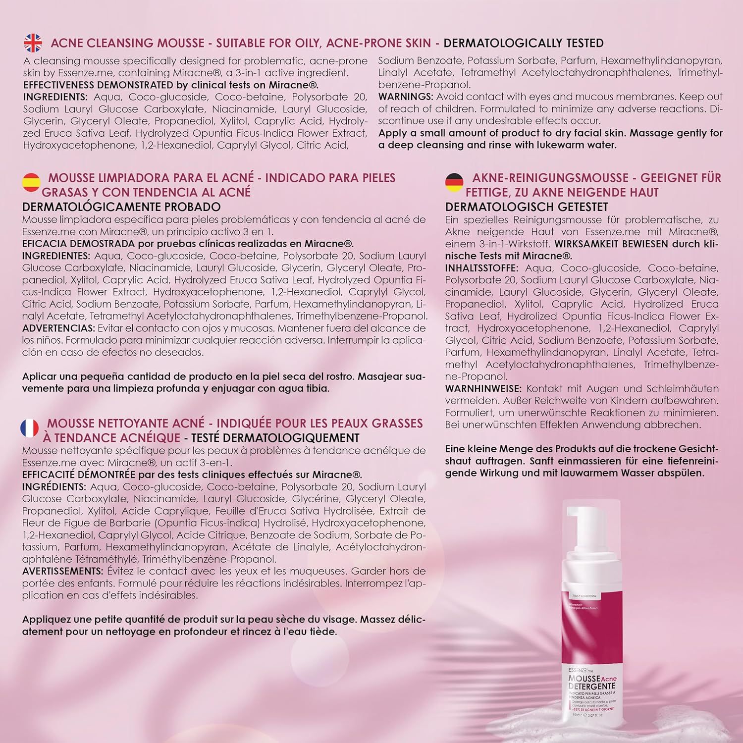 Essenze.me Mousse Detergente Viso Anti Acne per Pelle Grassa, Mista, a Tendenza Acneica - 150 ml
