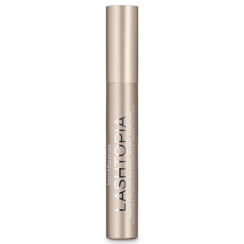 Tubetto mascara dorato con spazzola nera. Scritta: LASHTOPIA, bareMinerals. Tappo sul tubetto.
