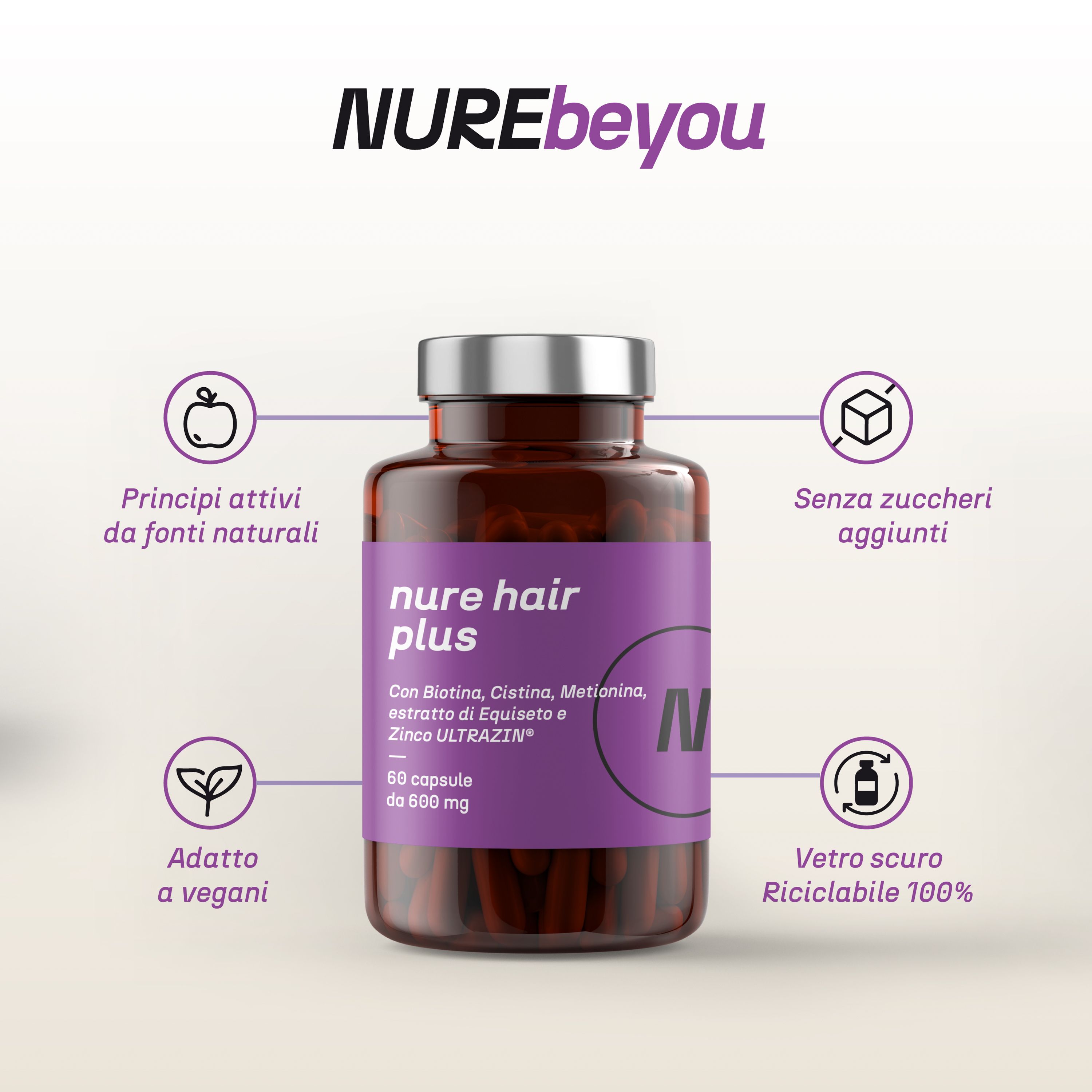 NURE Hair Plus 60 cps da 600 mg | Integratore capelli forti e sani, integratore capelli donna, uomo