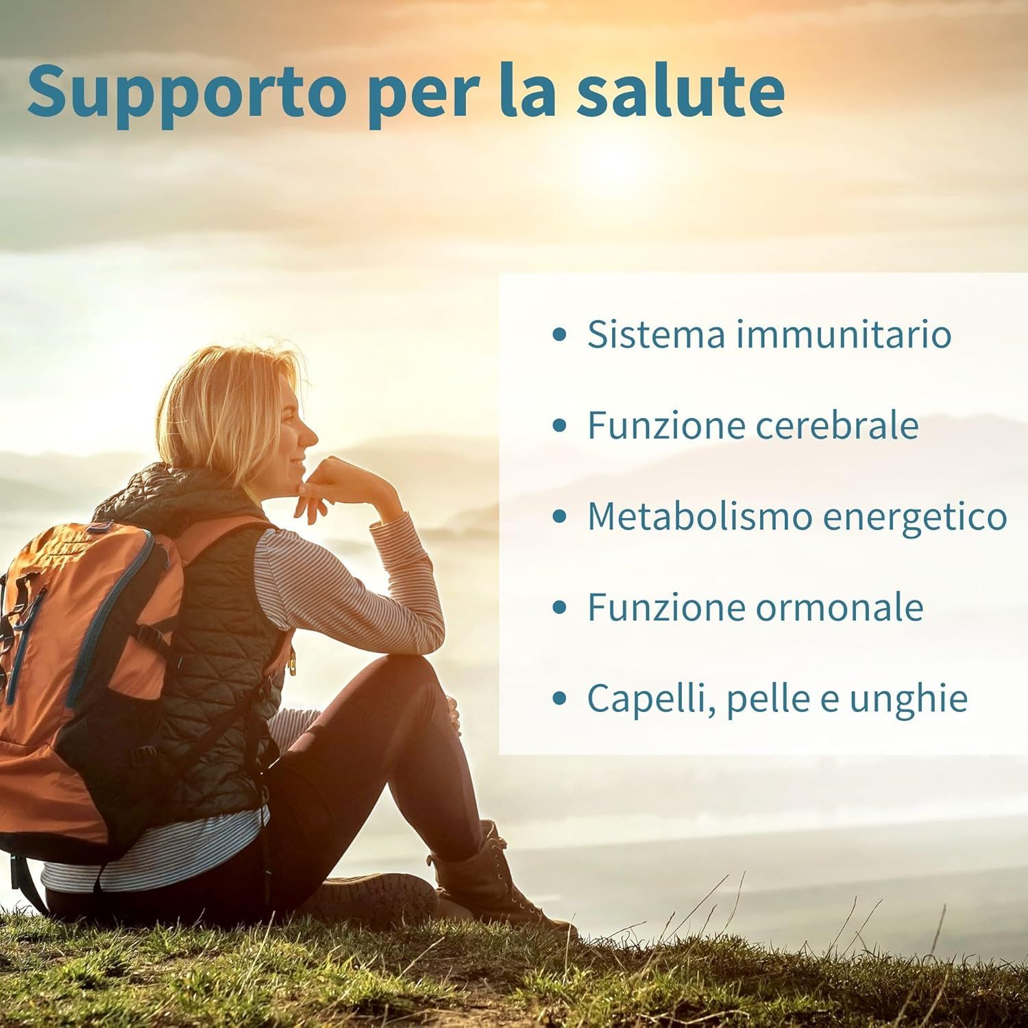 Donna seduta nella natura. Testo: Supporto per la salute. Sistema immunitario, funzione cerebrale, metabolismo energetico.