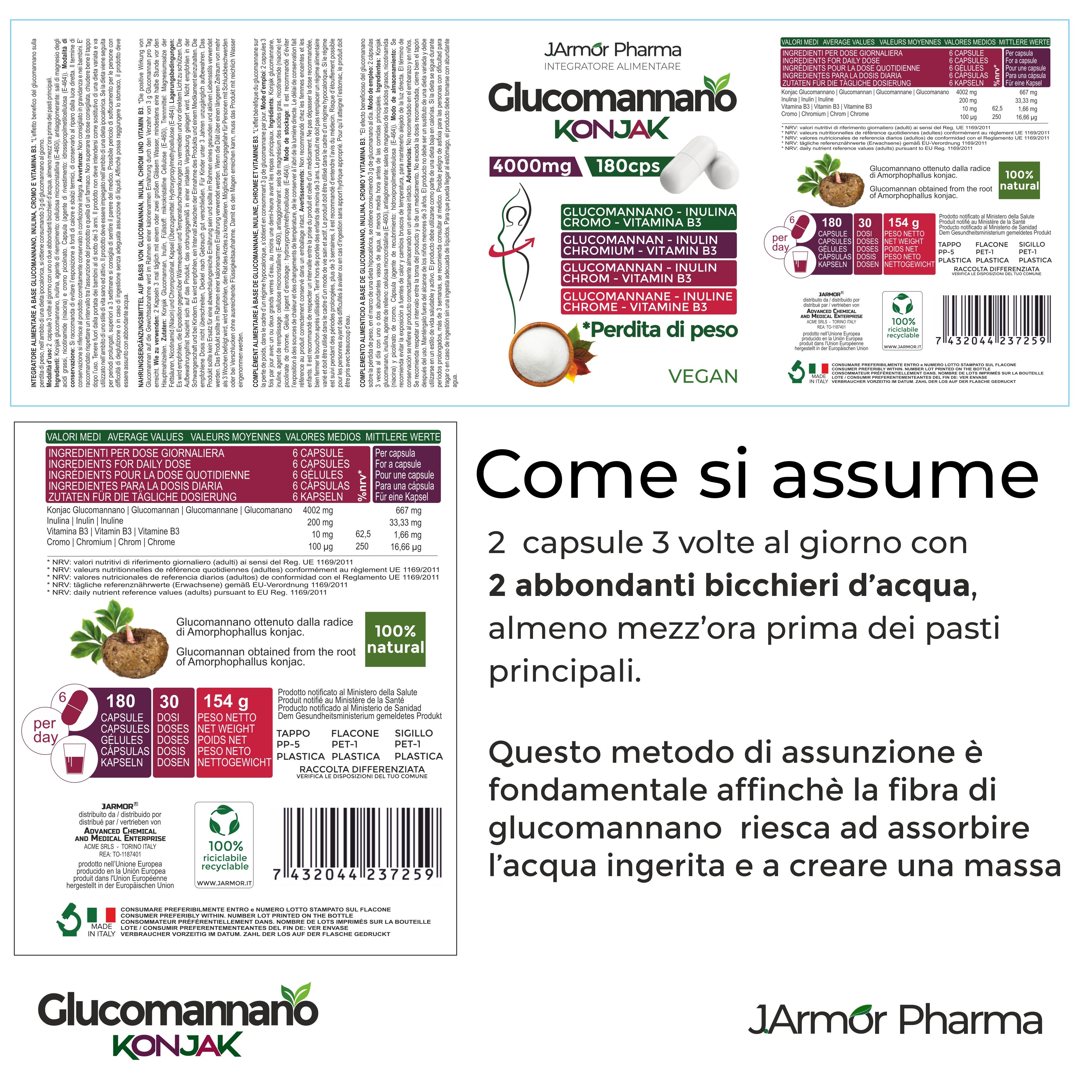 Etichetta con informazioni sulle capsule di Glucomannano. Ingredienti, uso, valori nutrizionali, certificazioni.