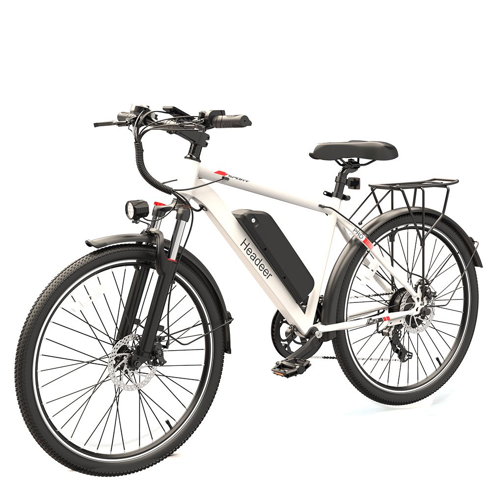 E-bike, telaio bianco, pneumatici neri, portapacchi, batteria. Marchio Headeer visibile.