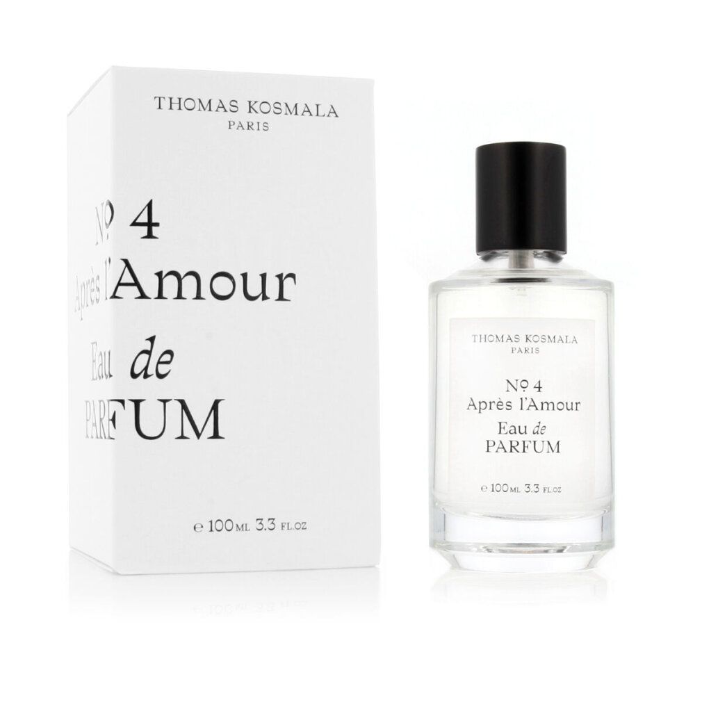Flacone di profumo e scatola. Flacone con tappo nero, etichetta bianca. Scatola con testo: Thomas Kosmala, Nr. 4, Après l'Amour, Eau de Parfum.