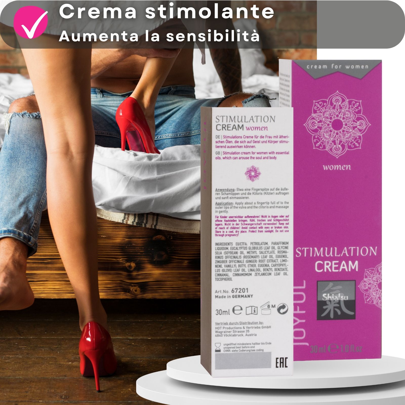Tubo e scatola rosa. Scritto: Stimulation Cream, Shiatsu, Joyful. Testo e donna con scarpe.