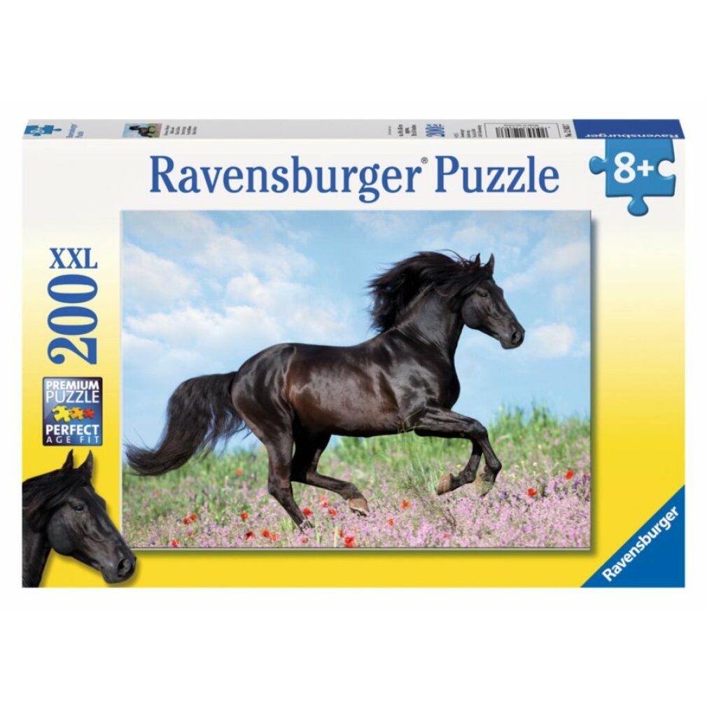 Puzzle Pz. Schwarzer Hengst 200T. Cavallo nero al galoppo in un prato fiorito. Confezione con logo Ravensburger Puzzle.