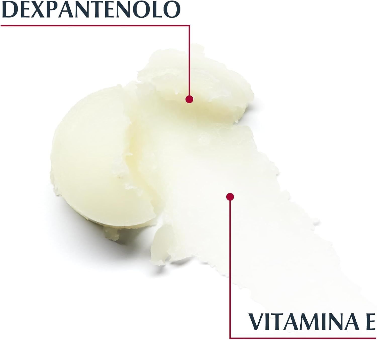 Primo piano della crema. Testo: Dexpantenolo, Vitamina E.