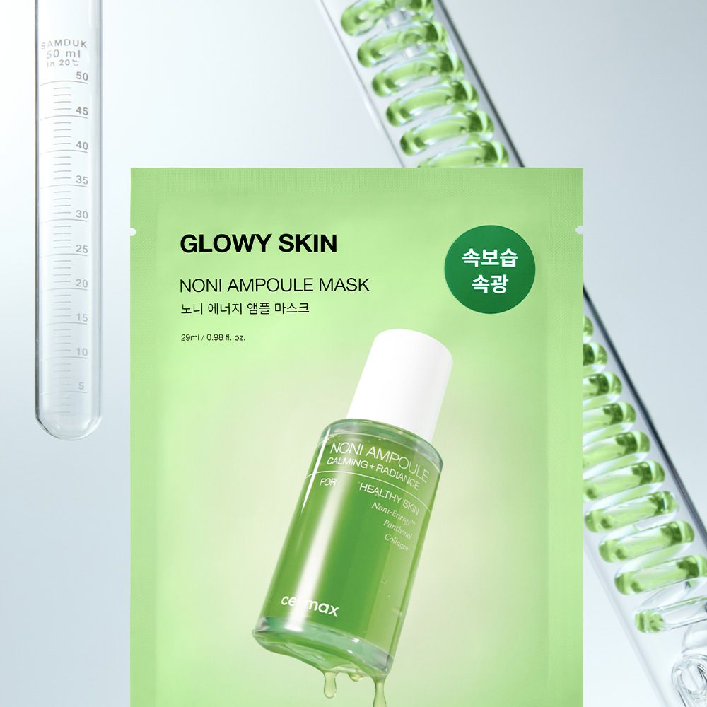 Celimax Noni Ampoule Mask bustina con flaconcino di siero e provette.