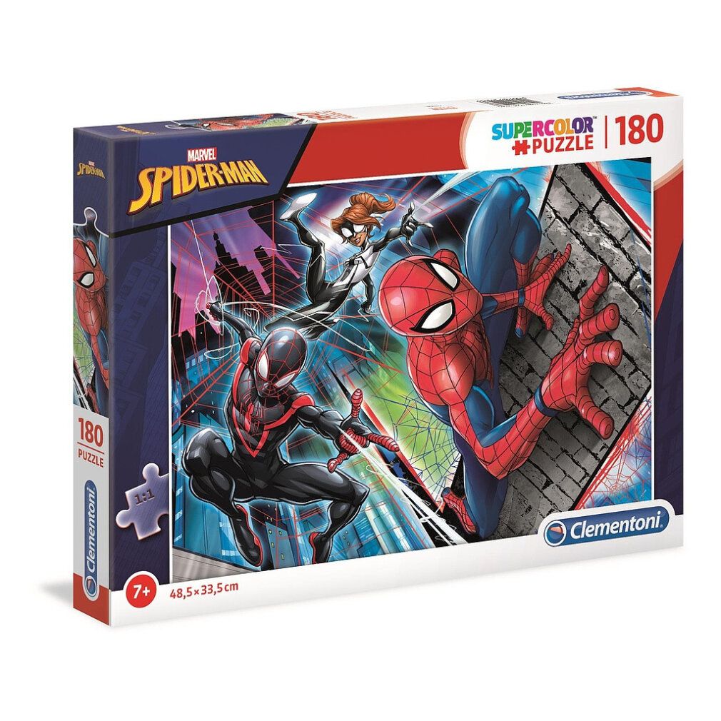 Scatola puzzle Spiderman, 180 pezzi. Marchio Clementoni. Consigliato dai 7 anni in su. Illustrazione Spiderman sulla scatola.
