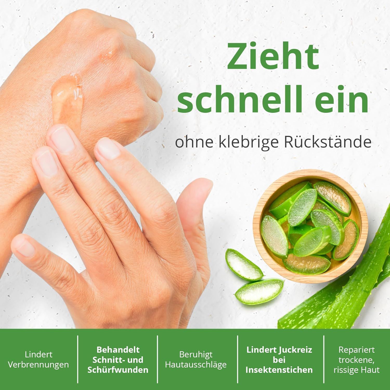 Mani con gel. Foglie e ciotola di aloe vera. Testo: Si assorbe rapidamente senza residui appiccicosi. Allevia le ustioni, ecc.