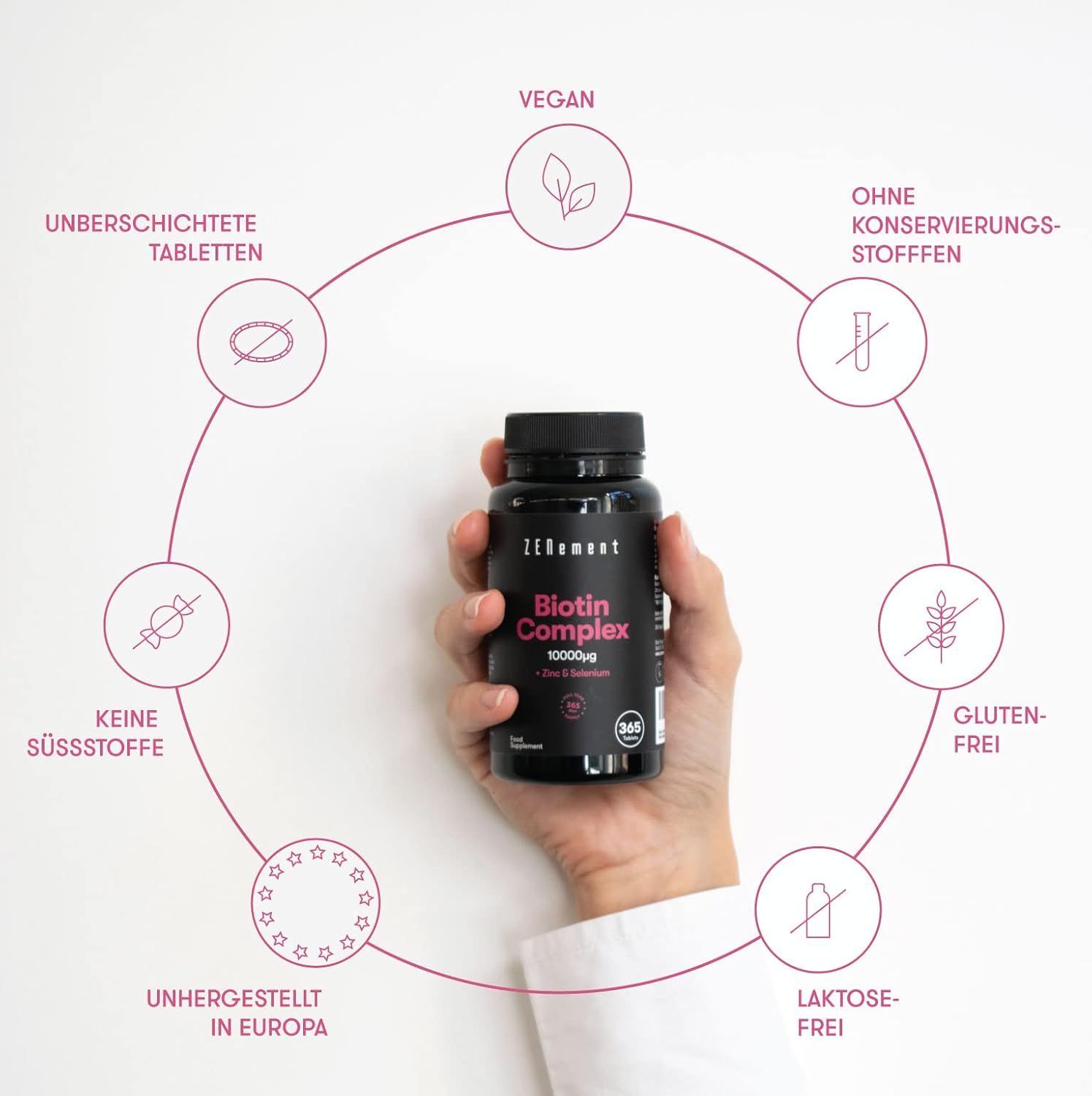 Flacone nero di Biotin Complex. Scritte: Vegano, senza conservanti, senza glutine, senza lattosio, senza dolcificanti, compresse non rivestite, prodotto in Europa.