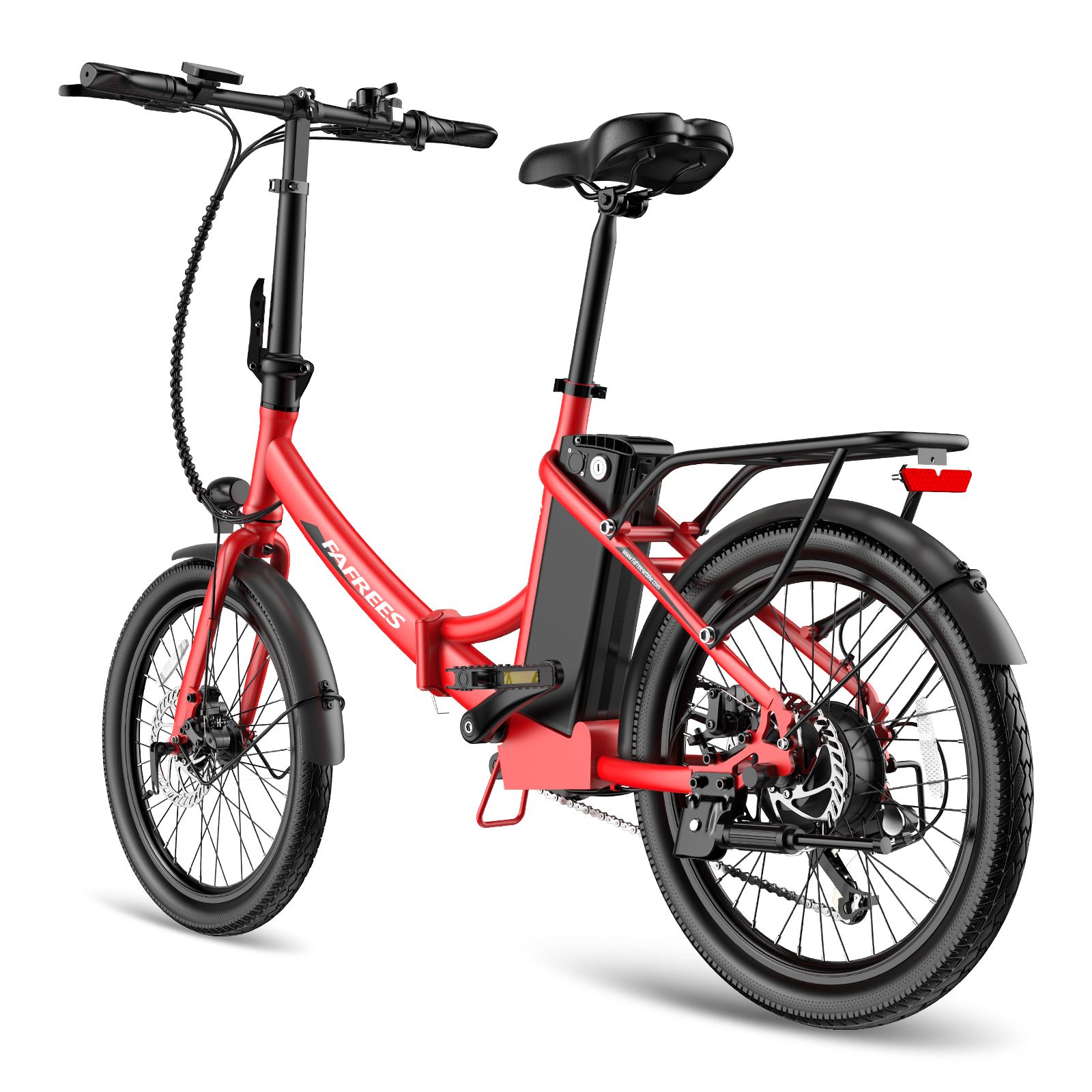 E-bike Fafrees F20Light rossa. Componenti neri, portapacchi, parafanghi. Vista posteriore.