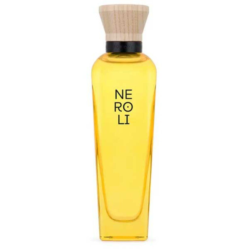 Flacone giallo con tappo in legno. Nome del prodotto in nero sul flacone.