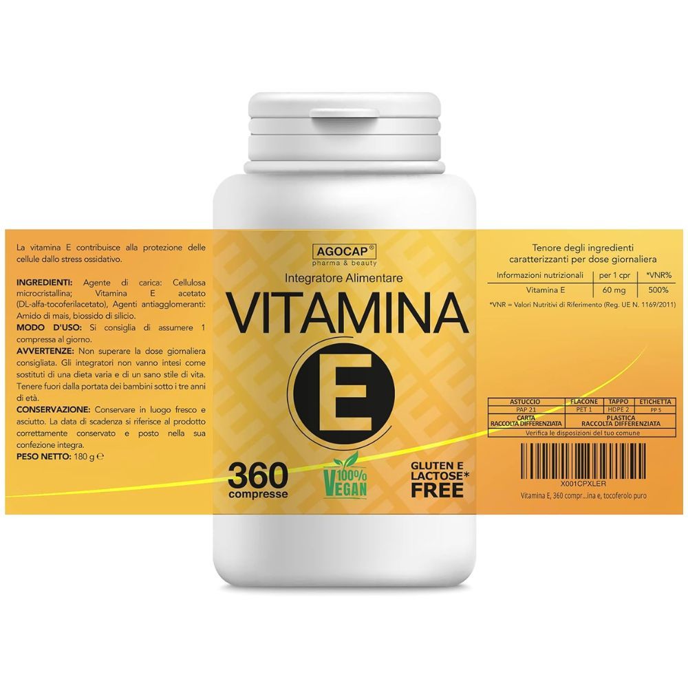 Flacone con etichetta gialla. Scritta: VITAMINA E, 360 compresse, Gluten & Lactose Free, Vegan. Dettaglio ingredienti.