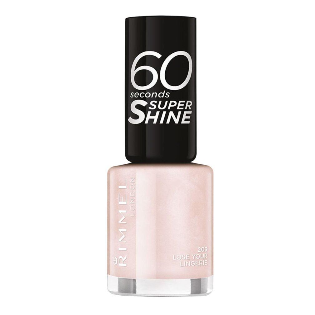 Smalto per unghie Rimmel London. Flacone rosa con tappo nero. Scritta: 60 seconds Super Shine. Tonalità: Lose Your Lingerie.