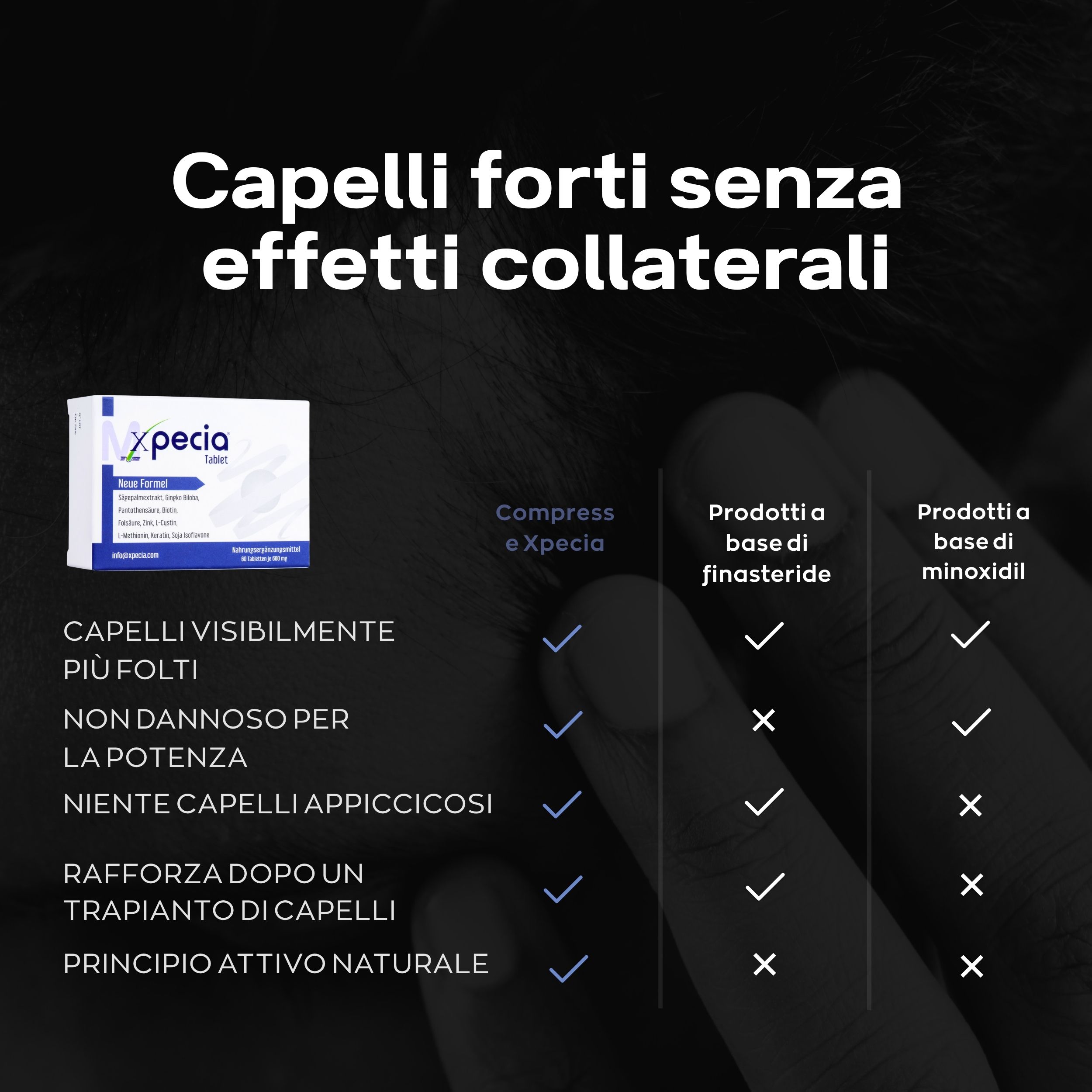 Immagine prima-dopo di teste maschili. Capelli più folti. Logo Xpecia.