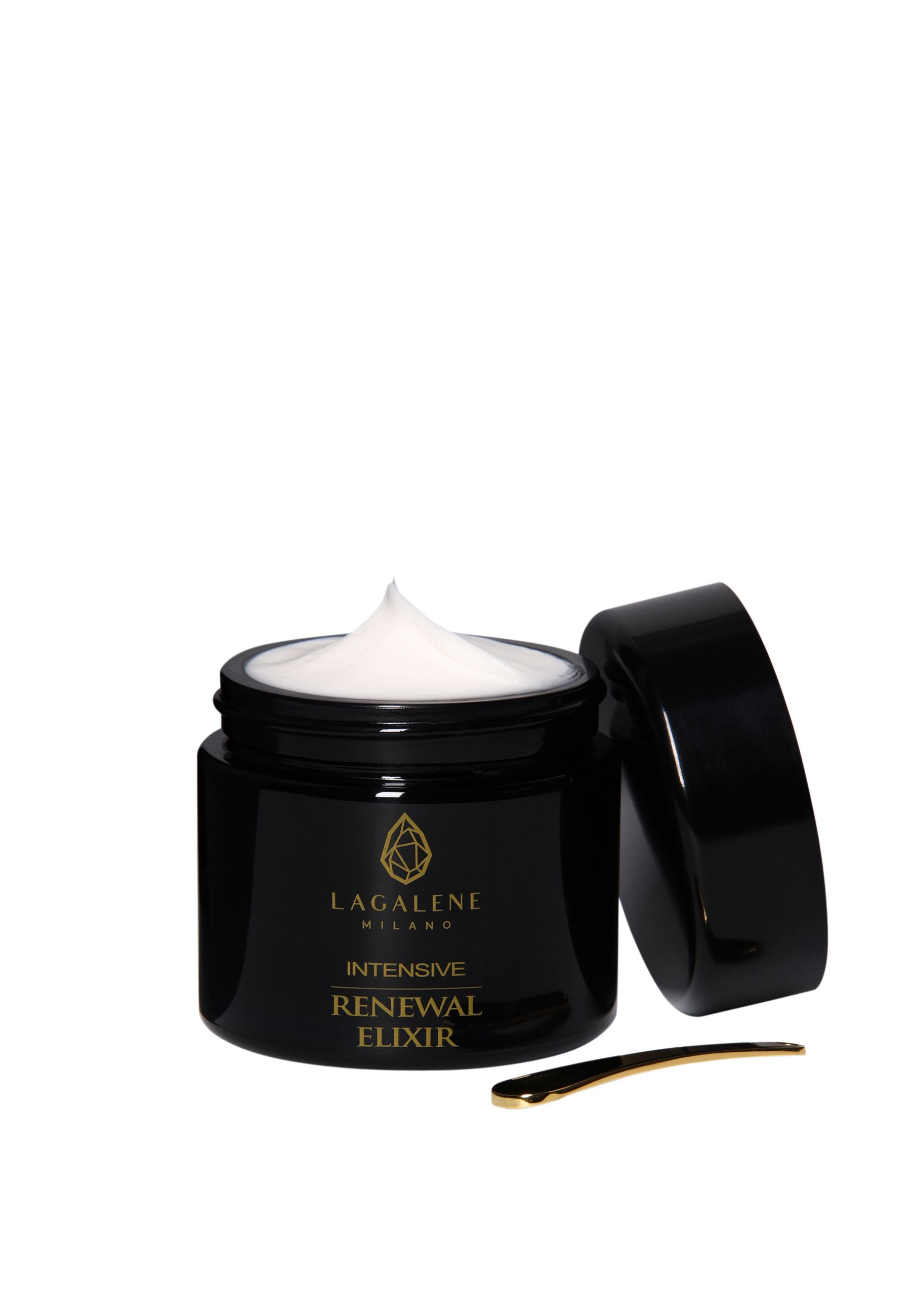 Vaso nero aperto, crema visibile. Coperchio accanto. Spatola dorata. Scritta: Intensive Renewal Elixir.