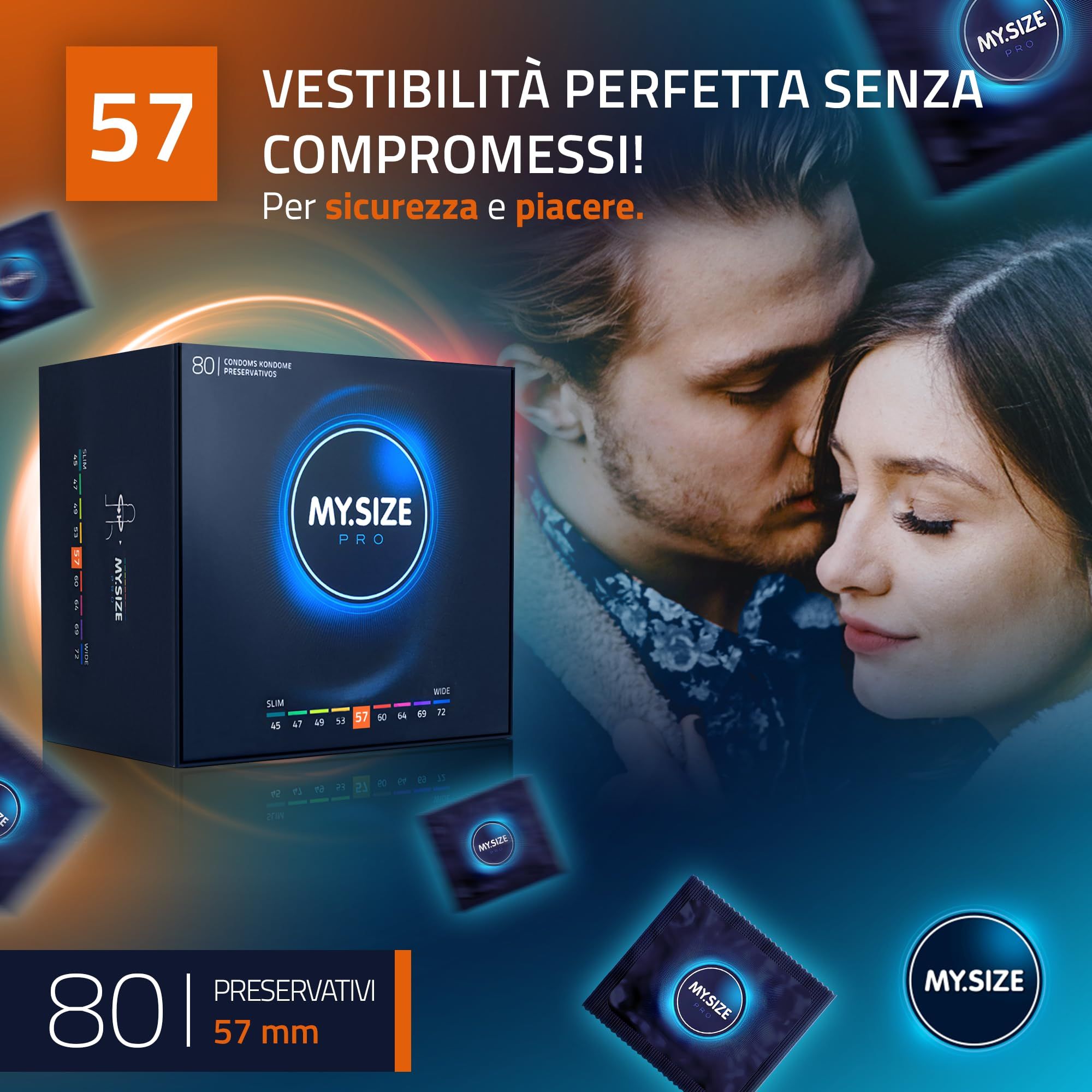 Preservativi MY.SIZE PRO ELITE, 80 pezzi, misura 57mm. Coppia sullo sfondo.