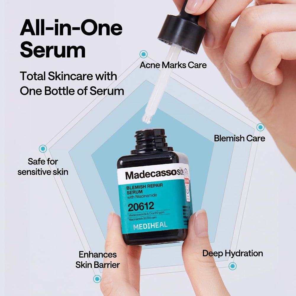 Flacone di siero con contagocce. Tappo nero, flacone quadrato con etichetta blu. Testo: Madecassoside Blemish Repair Serum, 20612, MEDIHEAL.