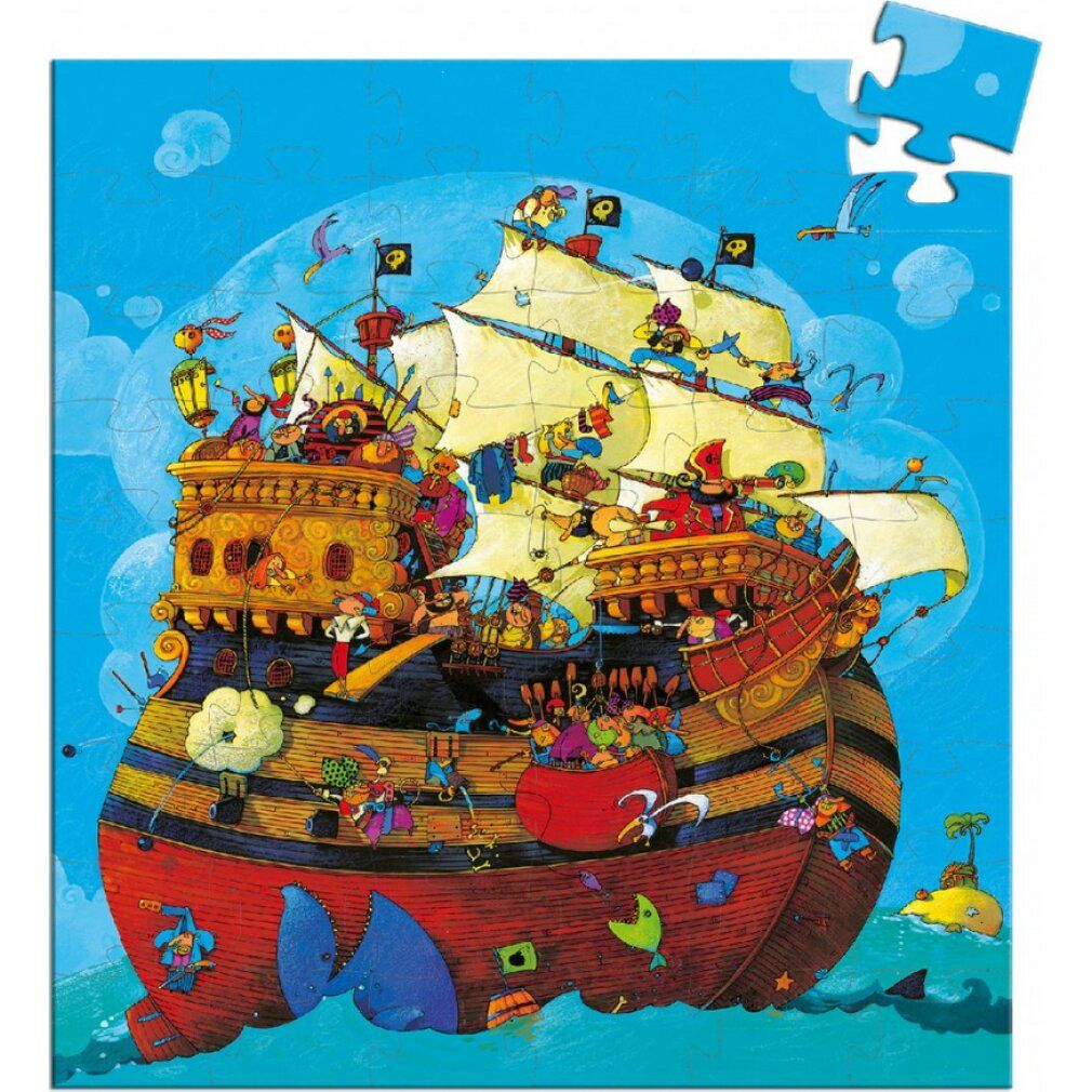 Puzzle Barbarossa, 54 pezzi. Illustrazione di nave pirata su sfondo blu. Un pezzo accanto. Logo Djeco.
