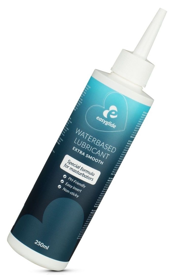 Flacone con tappo e applicatore bianchi. Scritta: Easyglide Waterbased Lubricant Extra Smooth. Formula speciale per masturbatori.